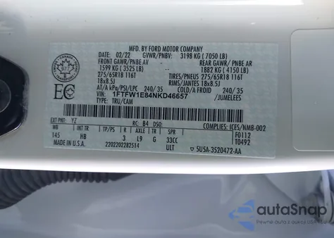 2022 Ford F-150 Lariat z USA, uszkodzony, nr VIN 1FTFW1E84NKD46657